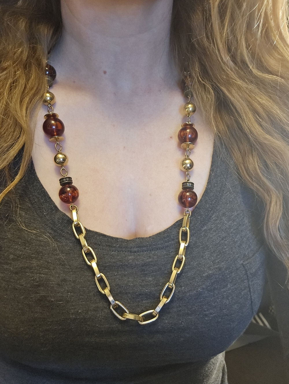 Talbots Gold-Tone Chain Necklace with Amber-Brown Beads